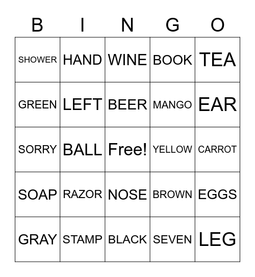 english Bingo Card