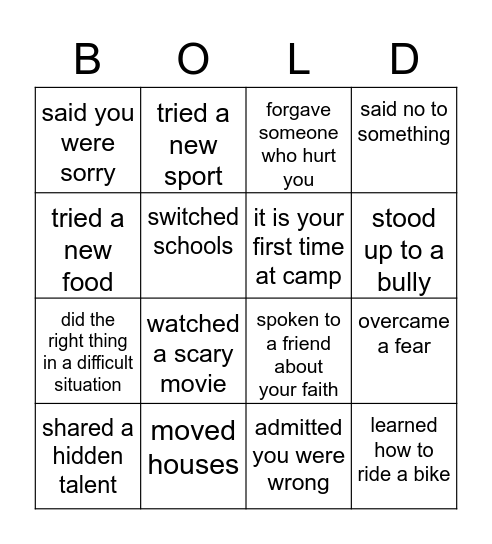 Courage Bingo Card