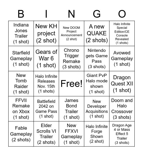 E3 Xbox/Bethesda and Square Enix Bingo Card