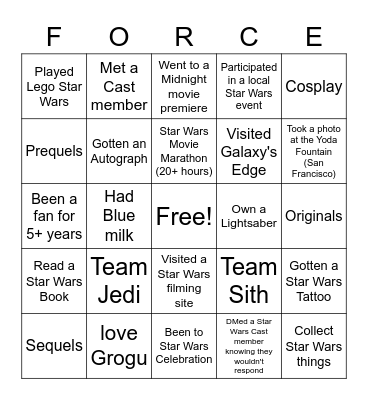 Star Wars "Force!" (Bingo) Bingo Card