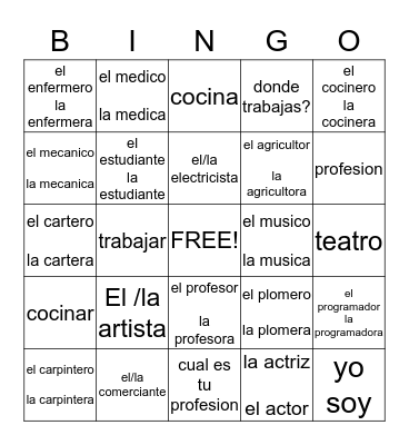 Las profesiones. Unit 8, Exploring Spanish Bingo Card
