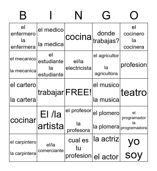 Las profesiones. Unit 8, Exploring Spanish Bingo Card