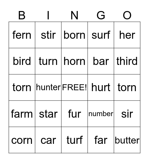 R-Controlled Vowels Bingo Card