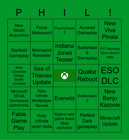 Xbox E3 2021 Bingo Card