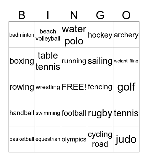 Olympics Bingo Card