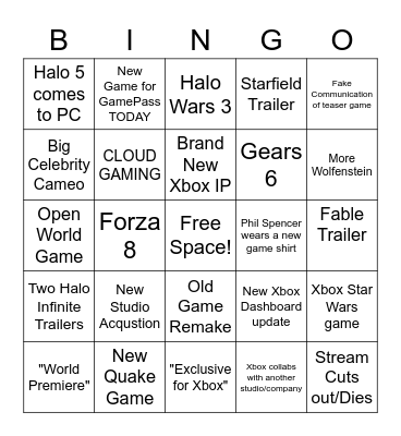 Xbox & Bethesda E3 Bingo Card