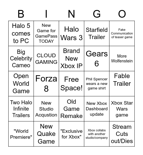 Xbox & Bethesda E3 Bingo Card