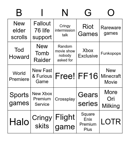 E3 Cringe Bingo Card
