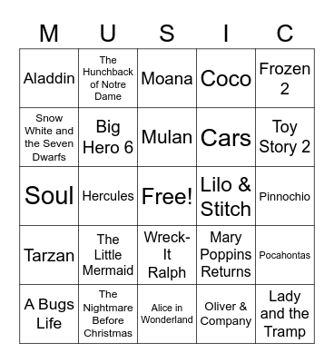 Disney Movie Music Bingo Card