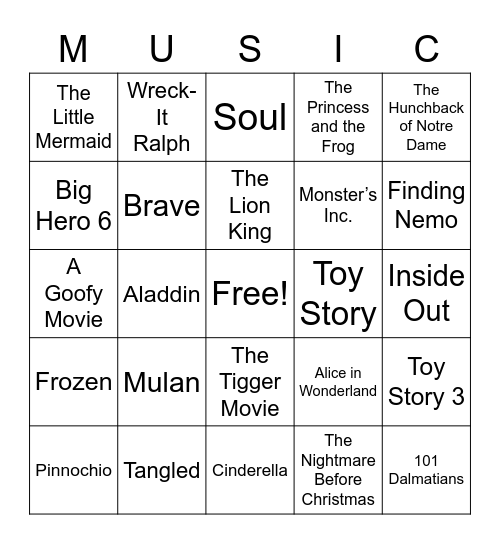 Disney Movie Music Bingo Card