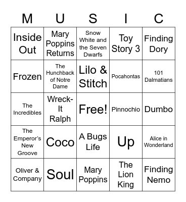 Disney Movie Music Bingo Card