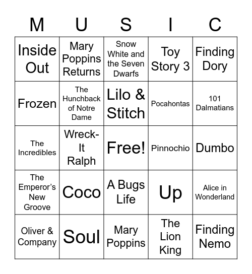 Disney Movie Music Bingo Card