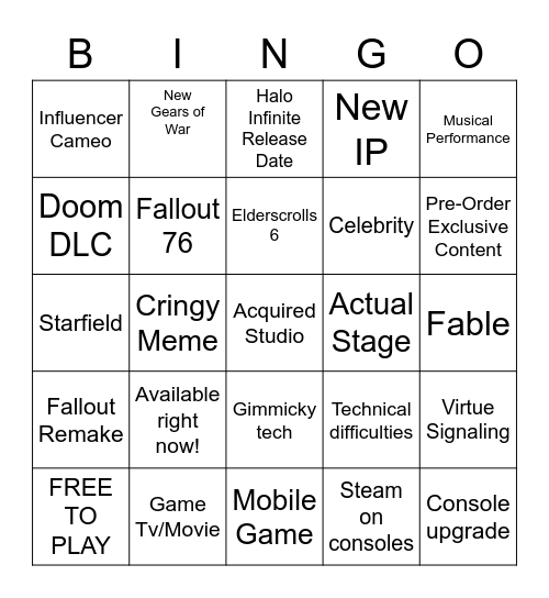 Xbox And Bethesda Bingo Card