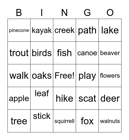 Piney Run Park Bingo Card
