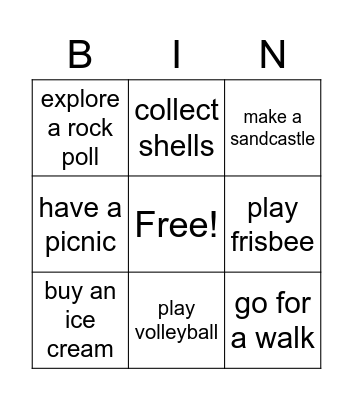 Beach activities Bingo Card