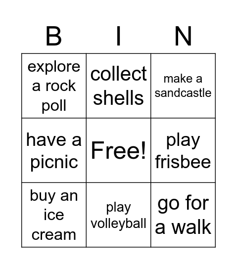 Beach activities Bingo Card