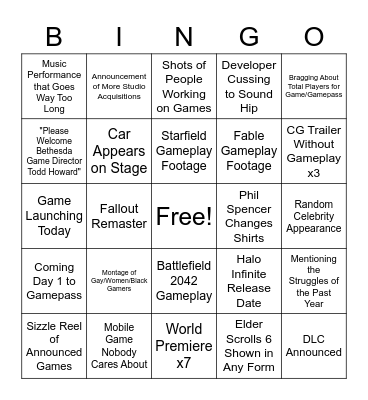 Xbox + Bethesda E3 Press Conference Bingo Card