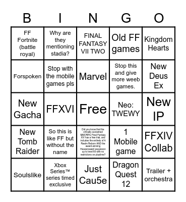 Squenix E3 2021 Bingo Card