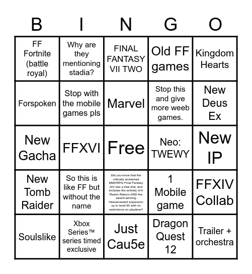 Squenix E3 2021 Bingo Card