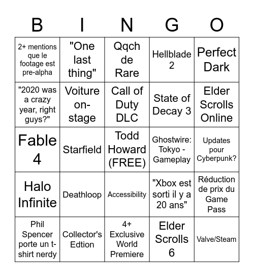 Xbox/Bethesda Bingo Card