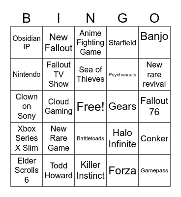 Xbox E3 Bingo Card