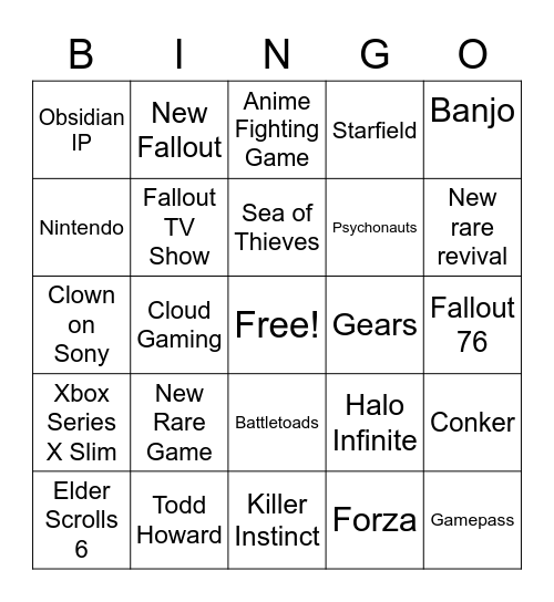 Xbox E3 Bingo Card