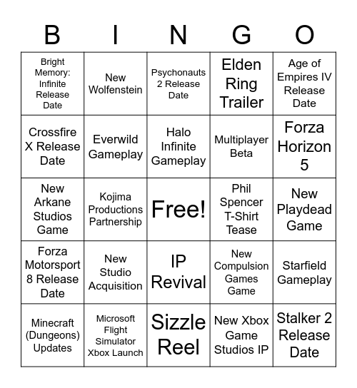 MICROSOFT/BETHESDA E3 2021 Bingo Card