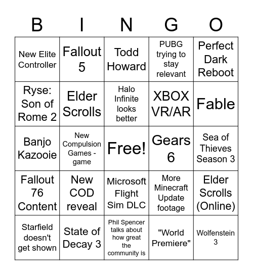 XBOX E3 2021 Bingo Card