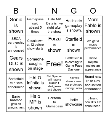 XBOX E3 SHOWCASE Bingo Card
