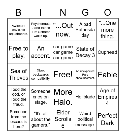 Xbox & Bethesda Bingo Card