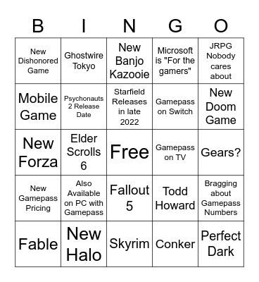 Xbox Bethesda Bingo Card