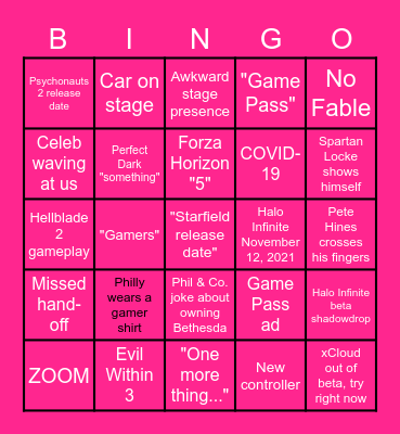 Xbox+Bethesda Games Showcase Bingo Card