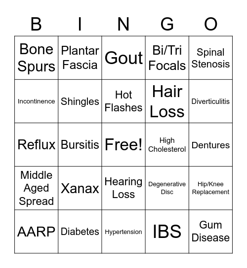 Old Fart Bingo Card