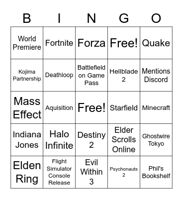 Xbox / Bethesda Bingo Card