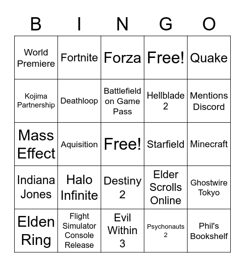 Xbox / Bethesda Bingo Card