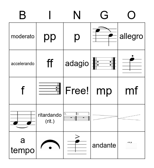 Musical Terms Bingo Card