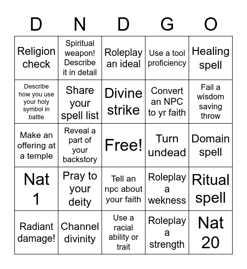 Cleric Bingo Card
