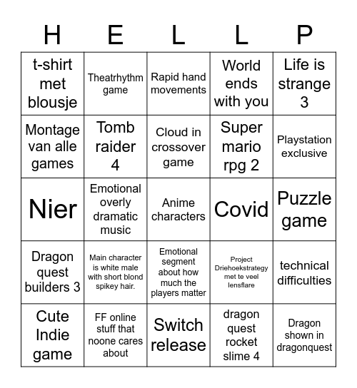 Square Enix E3 Bingo Card