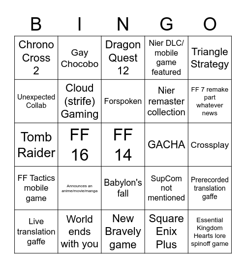 Square Enix Bingo Card