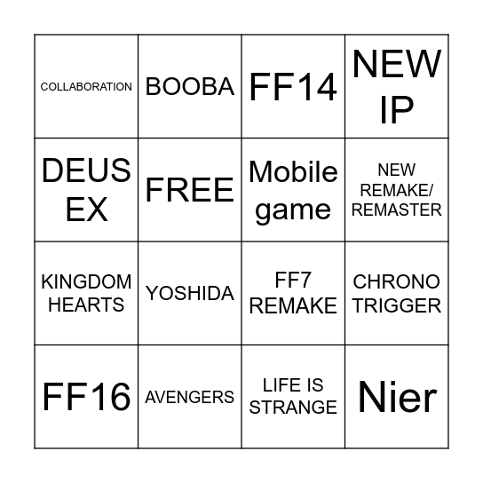 Square Enix E3 Bingo Card