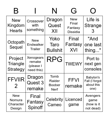 Square Enix Bingo Card