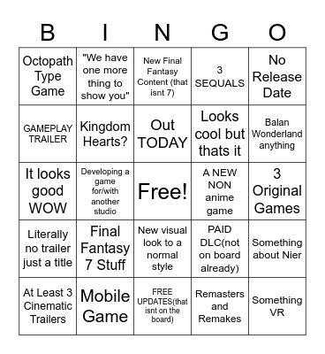 E3 GAMING SQUENIX TIME Bingo Card