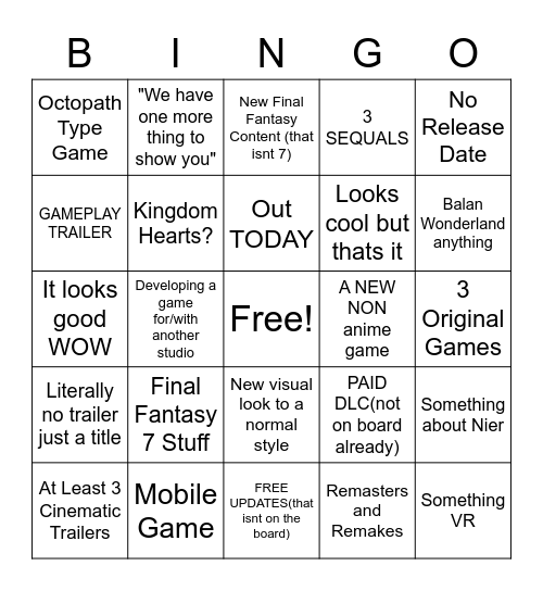 E3 GAMING SQUENIX TIME Bingo Card