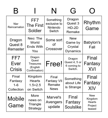 Square Enix Conference Bingo Card