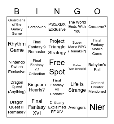 Square Enix E3 Bingo Card Bingo Card