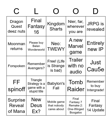 E3 2021 Bingo - Square Enix Bingo Card