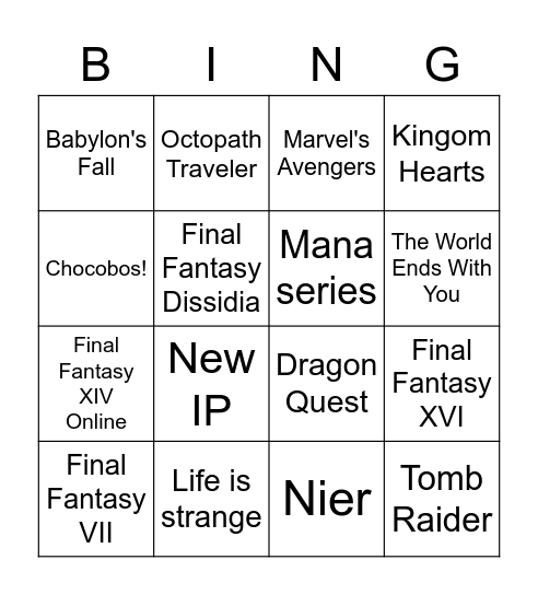 Square Enix E3 2021 Bingo Card
