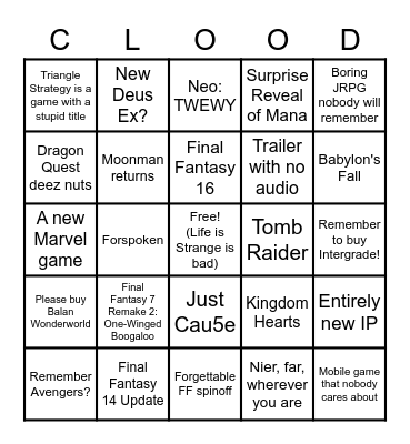E3 2021 Bingo - Square Enix Bingo Card