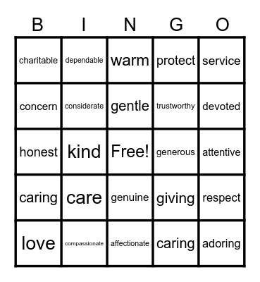 "I CARE" Bingo Card