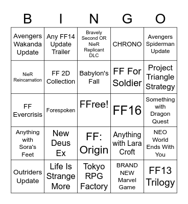 Squeenix Three Es Bingo Card